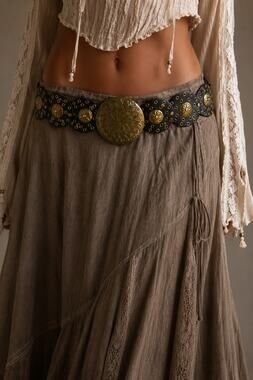 Vintage Boho Black Leather Chunky Statement Belt Fairy Grunge Festival Y2K